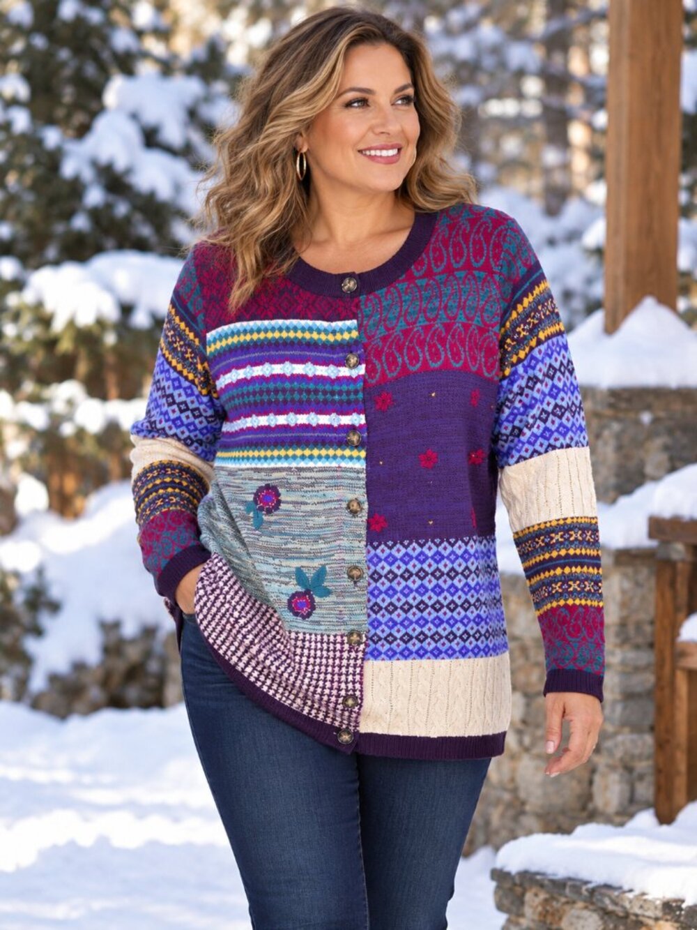 COLDWATER CREEK Cardigan Button-Up Embroidered Multi-Color Design 1X